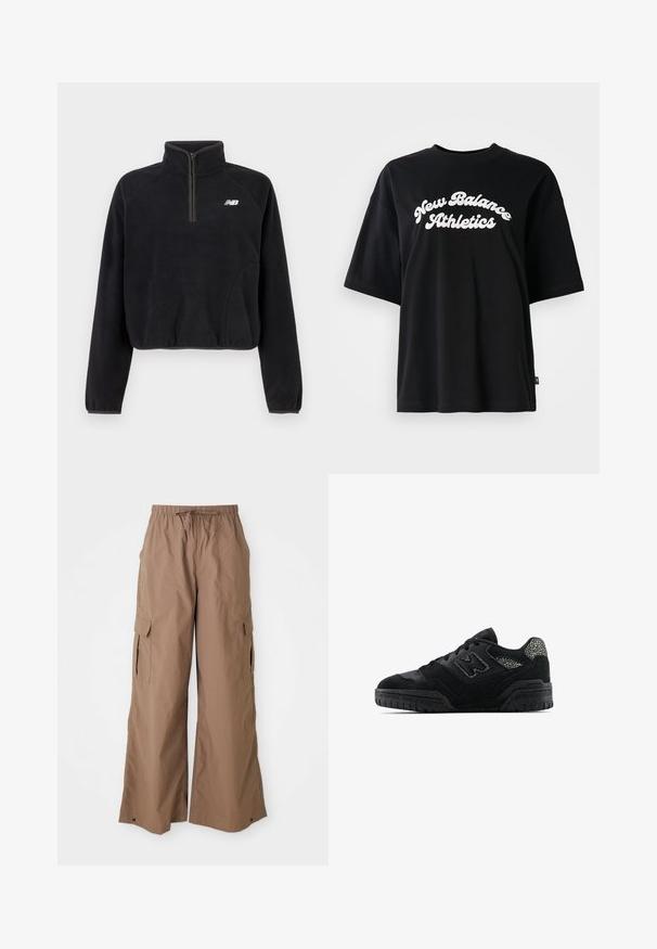 Zwarte fleece pullover met kwartrits, elastische boorden en wit New Balance-logo op de borst.; Zwarte katoenen T-shirt met korte mouwen en een ronde hals, met daarin witte tekst "New Balance Athletics" in een gebogen ontwerp.; Bruine, losse cargobroek met een elastische tailleband en zijflapzakken, wijd beenontwerp, gepresenteerd tegen een witte achtergrond.; Zwarte low-top sneaker met een gestructureerde zool, vetersluiting, suède panelen en een patroonaccent op de hiel en het zijlogo.