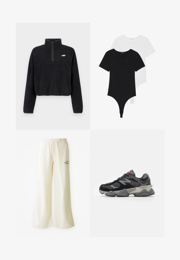 Melna vilnas jaka ar ceturtdaļu rāvējslēdzēju, elastīgām piedurknēm un baltu New Balance logo uz krūšu.; Melnbalti īsām piedurknēm bodiji ar apaļu kakla izgriezumu un tanga apakšdaļu, izgatavoti no gludas, elastīgas auduma.; Krēmkrāsas platās sporta bikses ar elastīgu jostu un regulējamu auklu. Uz priekšpuses izšūts zaļš uzraksts "Athletic". Mīksts audums.; Melna un pelēka sporta apavi ar suede un sieta materiālu kombināciju, bieza zole, izteikts logs un sarkana akcents uz mēles.