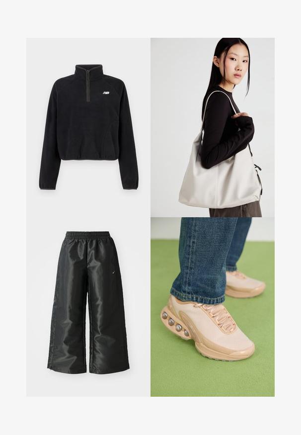 Czarny polarowy pulower z zamkiem błyskawicznym do jednej czwartej, elastycznymi mankietami i białym logo New Balance na klatce piersiowej.; Czarne spodnie sportowe z błyszczącego, gładkiego materiału, z elastycznym paskiem w talii, szerokimi nogawkami i małym logo po lewej stronie.; Jasnobeżowe buty sportowe mają siateczkową górę, gumową podeszwę i zaokrąglone detale w metalicznym wykończeniu. Noszone z niebieskimi dżinsami na zielonej powierzchni.; Beżowa torebka wykonana z miękkiego materiału, charakteryzująca się luźnym fasonem, wyszywanymi detalami i dwoma uchwytami na ramię. Idealna na co dzień.