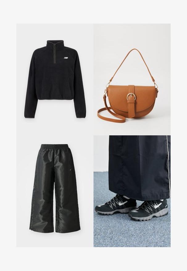 Sort fleece pullover med kvart lynlås, elastiske manchetter og hvidt New Balance-logo på brystet.; Sorte sportsbukser i et blankt, glat stof med en elastisk talje, brede ben og et lille logo på venstre side.; Sorte sportsko med en struktureret overdel, sølvdetaljer og en mønstret ydersål, parret med et langt sort plagg. Sat mod blå tæpper.; Brun læder crossbody taske med en buet form, guldfarvet hardware og en spændeaccent. Har en aftagelig skulderrem.