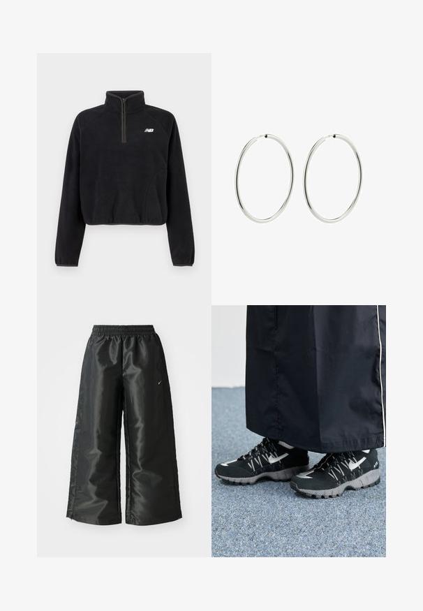 Melna vilnas jaka ar ceturtdaļu rāvējslēdzēju, elastīgām piedurknēm un baltu New Balance logo uz krūšu.; Melnas sporta bikses ar spīdīgu, gludu audumu, aprīkotas ar elastīgu jostu, platām kājām un mazu logotipu kreisajā pusē.; Melnas sporta kurpes ar teksturētu augšdaļu, sudraba akcentiem un zīmējuma zoli, apvienotas ar melnu garu apģērbu. Fons ir zils paklājs.; Sudraba riņķa auskari ar gludu, pulētu apdari. Apaļa forma, vienāda platuma, izstrādāti vieglai aizdarei. Vienkārši un eleganti.