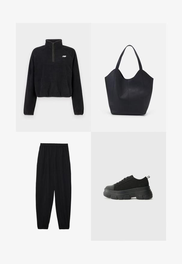Schwarzer Fleece-Pullover mit Viertelreißverschluss, elastischen Bündchen und weißem New Balance-Logo auf der Brust.; Schwarze, leichte Hosen mit einem elastischen Bund und gerafften Knöcheln. Der Stoff ist glatt und hat ein entspanntes, schmal zulaufendes Design.; Schwarze Sneakers mit einer dicken Gummisohle, strukturiertem Obermaterial, runder Zehenpartie und Schnürdesign. Verfügt über verstärkte Ösen und eine Schlaufe an der Rückseite.; Schwarze Tote-Bag aus glattem Leder, mit einem abgerundeten, offenen Oberteil, zwei Schulterträgern und einem minimalistischen Design.