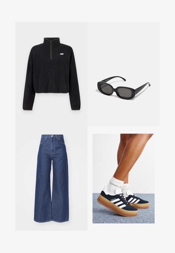 Sort fleece pullover med kvart lynlås, elastiske manchetter og hvidt New Balance-logo på brystet.; Bredde ben jeans lavet af mørkeblå denim. Høj talje med lynlås og knaplukning. Har klassisk fem-lomme stil og omfoldede kanter.; Sorte sneakers i ruskind med hvide striber og detaljer, rundet tå, ydersål i gummi, kombineret med hvide ribstrikkede crew sokker.; Sorte rektangulære solbriller med mørke linser. Tykt plastiklavet stel med glat overflade og afrundede kanter. Stilfulde stænger strækker sig udad.