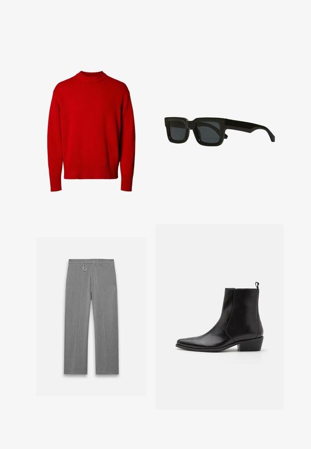 Červený svetřík s dlouhým rukávem a kulatým výstřihem, s žebrovaným límcem, manžetami a lemem, vystavený na bílém pozadí.; Bílá košile s dlouhým rukávem a knoflíkovým zapínáním, která má jemný pruhovaný vzor, klasický límeček a zakulacený lem. Vyrobena z lehkého materiálu.; Šedé kalhoty na míru s texturovaným povrchem. Obsahují přední zip, boční kapsy a kovový akcent v barvě stříbra. Rovný střih.; Zign LEATHER - Kovbojské/motorkářské kotníkové boty - black; Černé obdélníkové sluneční brýle s tmavými čočkami, silnými plastovými rámy a rovnými nohami. Mají matný povrch a minimalistický design.