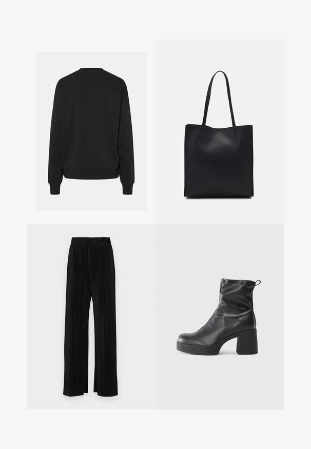 Felpa nera con scollatura rotonda e maniche lunghe, caratterizzata da una vestibilità comoda e polsini a coste. Tessuto liscio, senza motivi visibili.; Pantaloni neri a plissé con vita elasticizzata. Presentano gamba ampia e un tessuto liscio e texture con strisce verticali.; Stivali neri alla caviglia in pelle liscia, con zip laterale, tacco spesso e texture, e punta arrotondata.; Borsa tote in pelle nera con texture liscia, forma rettangolare e due manici lunghi. Nessun hardware o decorazione visibile.