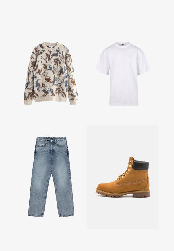 Kremni pulover z abstraktnim cvetličnim vzorcem v modri in rjavi barvi, z rebrastim okroglim ovratnikom in dolgimi rokavi. Mehka tekstura.; Bela bombažna majica s krojem na vratu, kratkimi rokavi in ohlapnim fitom. Ima enostaven dizajn brez vzorcev ali dodatkov.; Svijetloplave traperice s ravnim krojem, vidljivim šavovima, dizajnom od pet džepova i kopčanjem na gumbu u struku.; Svetlo rjave anklne čizme iz semiša z črnim oblazinjenim ovratnikom, zlatimi kovinskimi očesci, belimi šivi in robustnim gumijastim podplatom s izrazitimi tredi.
