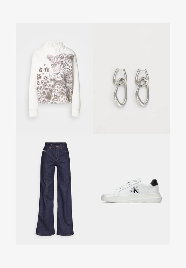 Balta džemperis su volaniniu apykakle, su leopardų grafika pilkos spalvos atspalviais ir raštuotais detalėmis priekyje. Ilgos rankovės.; Tamsiai mėlynos plačios kojų džinsinės kelnės iš denimo audinio su aukštu liemeniu, su oranžinėmis siūlėmis, penkių kišenių dizainu ir sagčių užsegimu.; Balti žemakulniai bateliai su juodu kulno dangteliu, platformos padu, raišteliais ir Calvin Klein "CK" logotipu šone.; Calvin Klein STATEMENT LINKS - Auskarai - silver-coloured