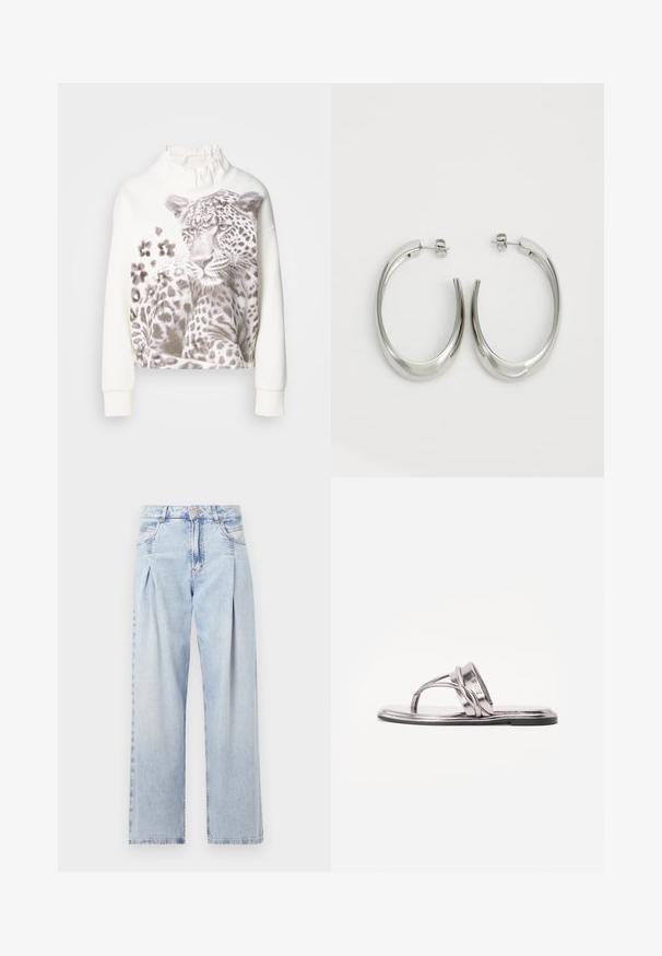 White sweatshirt with a ruffled collar, featuring a leopard graphic in shades of gray and patterned details on the front. Long sleeves.; Light blue denim jeans with a high waist, wide-leg cut, two side pockets, and pleated design feature. Soft texture with a faded finish.; Metallic silver flat sandal with a curved strap design and a thin sole. Features a toe loop and minimalistic aesthetic.; Silver hoop earrings with a smooth, curved design. Features a shiny metallic finish and stud closure. No visible patterns or accents.