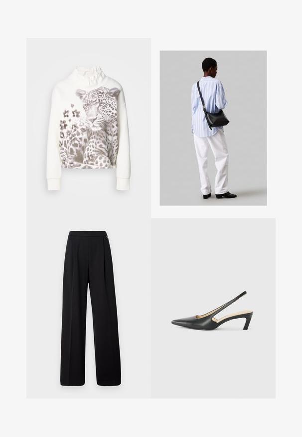 Balta sporta krekls ar ruffles apkakli, priekšpusē ar leoparda grafiku pelēkos toņos un rakstainiem elementiem. Garas piedurknes.; Melnas platās bikses, izgatavotas no gludas auduma, ar vienkāršu dizainu un elastīgu jostu, bez redzamām rakstām vai akcentiem.; Melna, ar smailu purngalu, slingback kurpe ar zemu papēdi, izgatavota no gludas ādas materiāla un ar izgriezumiem sānos gaisa caurlaidībai.; Melna ādas plecu soma ar mīkstu tekstūru, trīsstūra formu un regulējamu siksnu, apvienota ar gaiši zilu svītrotu krekli un baltām biksēm.