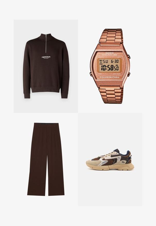 Rjav pulover s visokim ovratnikom in pol-zadrgo. Ima bel logotip "originals Studio" na prsih; rebrasti manšeti in spodnji rob.; Svetlo rjava, dolgo rokava srajca s gumbi in ovratnikom, izdelana iz teksturirane tkanine. Ima majhen logotip na prsih.; Rjave široke hlače s plisami. Narejene iz gladkega materiala, s prilagojenim pasom in stranskimi žepi. Ravna obroba na dnu.; Bež in rjav športni copat z teksturiranimi mrežastimi paneli, nubukastimi detajli in gumijastim podplatom. Obsegajo zasnovo na vezalke in blagovno znamko.; Digitalna Casio ura z rožnato zlato kovinsko zanko, pravokotno ohišje, osvetljen prikaz, vodoodpornost, ki prikazuje čas in datum.