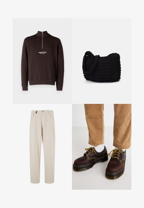 Sweat-shirt marron avec un col montant et une fermeture zippée mi-hauteur. Présente un logo blanc "originals Studio" sur la poitrine ; poignets et ourlet côtelés.; Pantalons en coton beige au design droit, avec poches avant et fermeture à bouton. Texture lisse avec un minimum de détails.; Chaussures en cuir marron avec des coutures jaunes, bout arrondi, semelle épaisse et plateforme, avec des accents noirs contrastants. Portées avec des chaussettes blanches et un pantalon en velours côtelé.; Sac en tissu noir avec un motif texturé et matelassé. Forme arrondie, poignées courtes et épaisses, et structure souple et flexible.