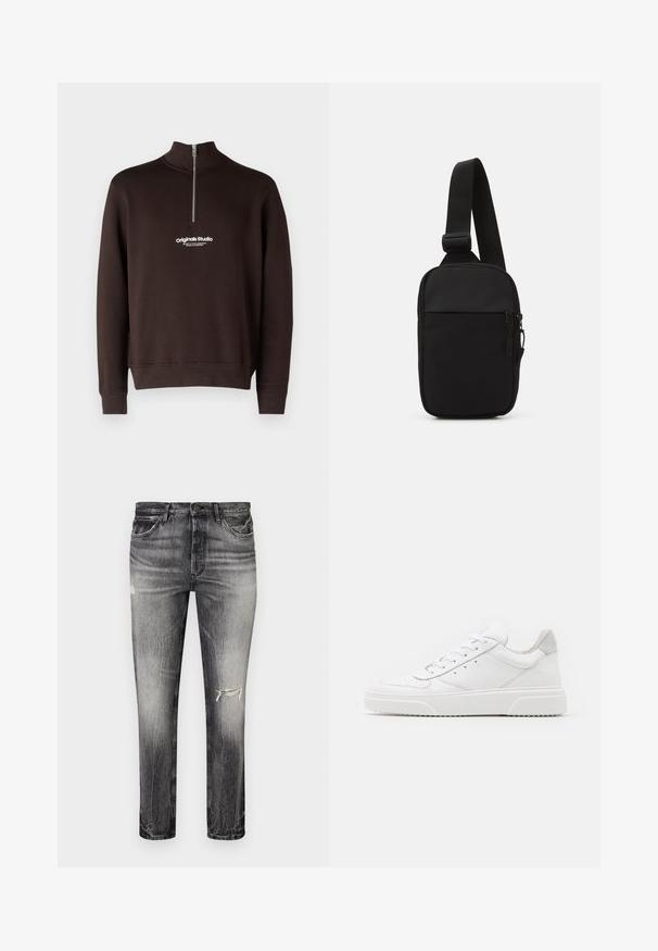 Sweat-shirt marron avec un col montant et une fermeture zippée mi-hauteur. Présente un logo blanc "originals Studio" sur la poitrine ; poignets et ourlet côtelés.; Jean en denim noir décoloré avec une coupe droite, présentant des zones effilochées, des poches avant et une fermeture à bouton classique.; Des baskets en cuir blanc avec une finition lisse, un bout rond, des lacets plats et une semelle texturée. Accents en daim gris au niveau du talon.; Sac bandoulière noir en tissu durable, avec une seule sangle ajustable, un compartiment principal zippé et une poche avant.