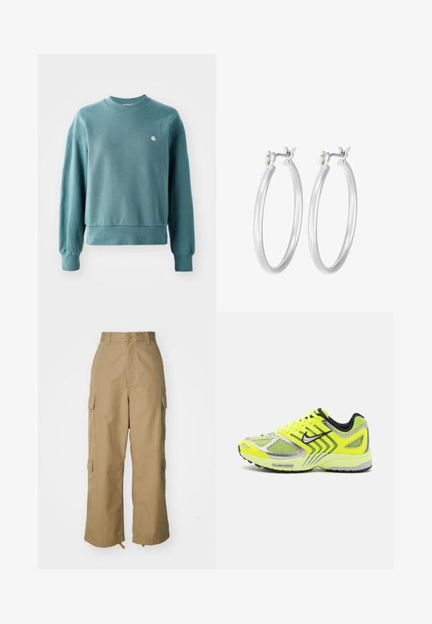 Mikina s kulatým výstrihom v tehlovej farbe, s rebrovanými manžetami a lemom, voľný strih a malé biele logo na ľavej hrudi. Mäkko bavlnený materiál.; Biely rebrovaný top s dlhým rukávom a okrúhlym výstrihom. Vyrobený z pružného materiálu, ktorý obopína telo. Obsahuje jemné horizontálne pruhy.; béžové cargo nohavice s vysokým pásom, širokými nohavicami a štyrmi veľkými bočnými vreckami. Vyrobené z odolnej tkaniny s hladkou textúrou a minimálnymi detailmi.; Neónové žlté bežecké topánky s sieťovanými panelmi, striebornými akcentmi, čiernymi detailmi a textúrovanou podrážkou. Funkcie zahŕňajú šnúrky a polstrovaný golier.; Strieborné kruhové náušnice s hladkým, lesklým povrchom. Kolový tvar a bezpečné klikanie na uzatváranie. Ľahký dizajn vhodný na každodenné nosenie.
