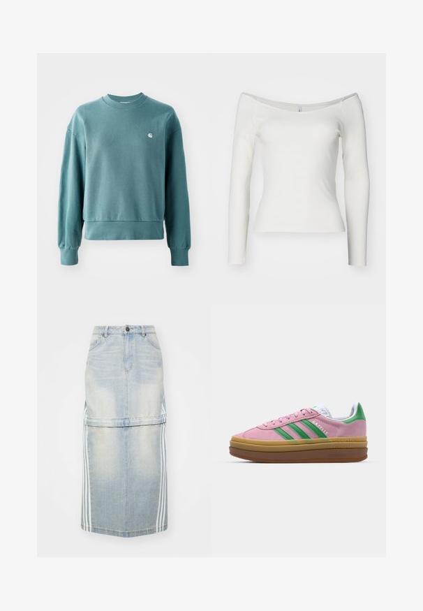 Teal színű crewneck pulóver, bordás mandzsettákkal és aljjal, laza fazonnal, és egy kis fehér logóval a bal mellrészen. Puha pamut anyag.; Fehér, vállig lecsúszott, hosszú ujjú felső, bordázott anyagból készült. Testhez simuló dizájn, sima textúrával és egyenes szegéllyel.; Világoskék farmer midi szoknya, oldalsó csíkokkal, testhezálló derékkal és elülső zsebekkel. A kopott textúra részletgazdagságot biztosít.; Rózsaszín zamákból készült sportcipő zöld csíkokkal, fehér díszítéssel és barna gumi talppal. Texturált anyaggal és logóval ellátott részletekkel az oldalon.