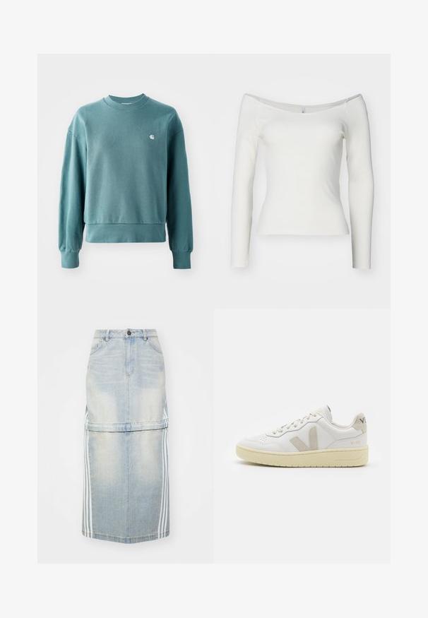 Teal värvi ümar kaelusega särk, millel on soonikkoes varrukate ja allääre lõiked, laiem lõige ning väike valge logo vasakul rinnal. Pehme puuvillane materjal.; Valge avatud õlgadega pika varrukaga top, mis on valmistatud soonikmaterjalist. Liibuv disain, millel on sile tekstuur ja sirge äär.; Hele sinine teksase midi seelik, millel on külgmised triibud, sobiv talje ja eesmistel taskutel. Kulunud tekstuur lisab detaili.; Valge nahast tenniseking, millel on beežist siidist aktsent ja aukudega varvas, lame paelad ja tekstureeritud koorevärvi tallad. Omab nüansirikast brändimist kannal.
