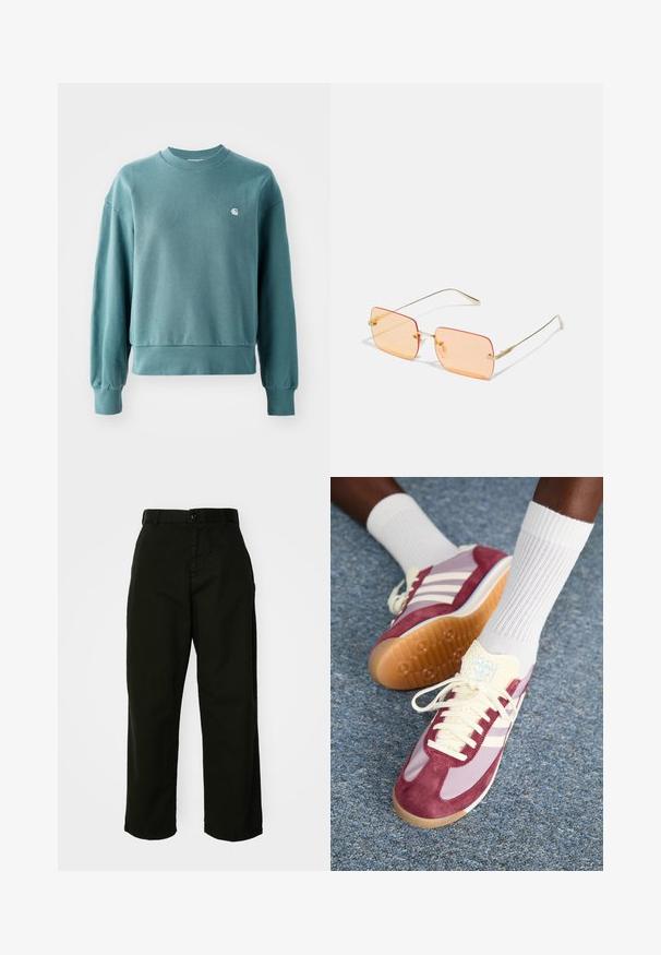 Bluza z okrągłym dekoltem w kolorze turkusowym, z ribbowanymi mankietami i dolnym obszyciem, luźny krój oraz małym białym logo na lewej piersi. Wykonana z miękkiego materiału bawełnianego.; Czarne, szerokie spodnie wykonane z wytrzymałego materiału bawełnianego. Posiadają zapięcie na guzik i kieszenie boczne. Gładka faktura oraz dopasowane wykończenie.; Sneakers z burgundowym zamszem i jasnopurpurowym wzorem, z trzema białymi paskami, kremowymi sznurówkami i teksturowanym żółtym językiem. Gumowa podeszwa.; Złote metalowe okulary przeciwsłoneczne z prostokątnymi pomarańczowymi soczewkami. Wyróżniające się cienkimi zausznikami i subtelnymi teksturowanymi akcentami w pobliżu zawiasów.; Złote kolczyki w kształcie cienkich okrągłych obręczy, o gładkim metalicznym wykończeniu, bez zdobień czy wzorów.