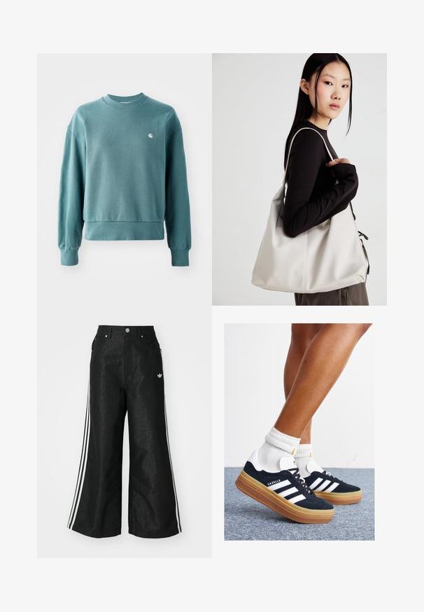 Crewneck sweatshirt i teal, med ribbade ärmslut och nederkant, loose fit, och en liten vit logotyp på vänster bröst. Mjukt bomullsmaterial.; Svarta vida denimbyxor med tre vita ränder på varje sida och en liten vit logotyp. Har framfickor och knäppning med knapp.; Svarta sneakers i mocka med vita ränder och detaljer, rundad tå, yttersula i gummiblandning, kombinerade med vita ribbade crew-strumpor.; Beige handväska tillverkad av mjukt material, med en avslappnad design, sydda detaljer och två axelremmar. Lämplig för dagligt bruk.