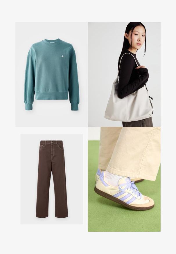 Crewneck sweatshirt in teal, featuring ribbed cuffs and hem, loose fit, and a small white logo on the left chest. Soft cotton material.; Brown wide-leg denim pants with contrasting stitching, five pockets, and a metal button closure. Smooth texture, straight cut.; Cream and lavender sneakers with three stripes and a textured brown sole, featuring laces and a padded heel. Soft fabric upper.; Beige handbag made of soft material, featuring a slouchy design, stitched detailing, and two shoulder straps. Suitable for everyday use.
