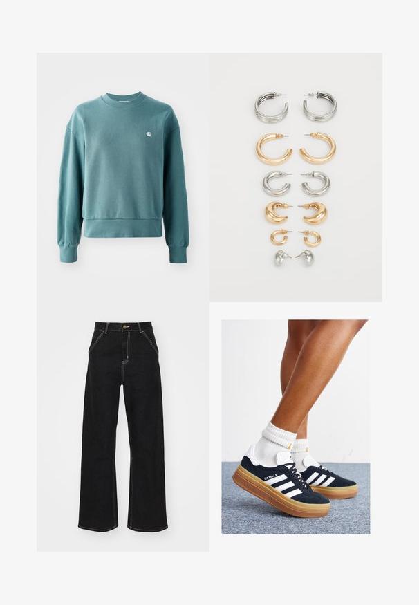 Crewneck sweatshirt i teal, med ribbestrikkede mansjetter og nederkant, løs passform, og en liten hvit logo på venstre bryst. Mykt bomullsmateriale.; Svarte vide jeans laget av denim, med kontrasterende hvite sømmer og en frontknapplukking, samt to skrå frontlommer.; Svarte sneakers i semsket skinn med hvite striper og detaljer, rund tå, yttersåle i gummigummi, kombinert med hvite ribbestrikkede crew-sokker.; Sett med åtte metalløredobber i sølv- og gulltoner. Inkluderer ulike hoop-stiler, teksturer og finish, ordnet etter størrelse.
