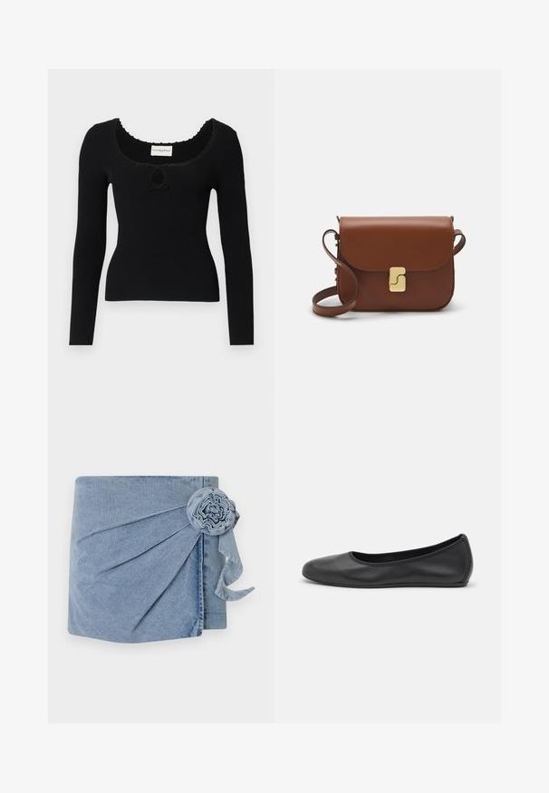 Crna dugačka majica s dugim rukavima, rebrastog uzorka, s izrezom u obliku žlice i središnjim detaljem u obliku ključa. Teksturirana tkanina s valovitim rubovima oko izreza.; Denim omot s laganim plavim nijansom, složenim nabiranjem i ukrasnim cvijetom s dugom vrpcom. Mekana tekstura i ležeran dizajn.; Crne kožne baletanke s zaobljenim vrhom, glatke teksture, minimalnim detaljima šavova i fleksibilnim dizajnom potplata.; Smeđa kožna torba s preklopom, zlatnim detaljima, remenom za nošenje preko ramena i glatkom teksturom. Kompaktni pravokutni oblik.