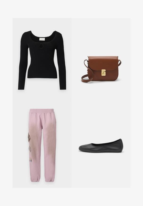 Zwarte lange mouw geribbelde trui met een ronde halslijn en centrale keyhole-detail. Gelaagd stof met golvende randen langs de halslijn.; Witte korte mouwen t-shirt van ribstof. Ronde halslijn, normale pasvorm en subtiele stiksels. Geen patronen of grafische elementen.; Roze sweatpants met een elastische tailleband, voorzien van decoratieve patches in ruitvorm aan de linkerkant en elastische boorden bij de enkel.; Zwarte leren ballerina met een ronde neus, gladde textuur, minimale stikdetails en een flexibele zoolontwerp.; Bruine leren handtas met een klep sluiting, gouden hardware, een schouderband en een gladde textuur. Compact rechthoekige vorm.