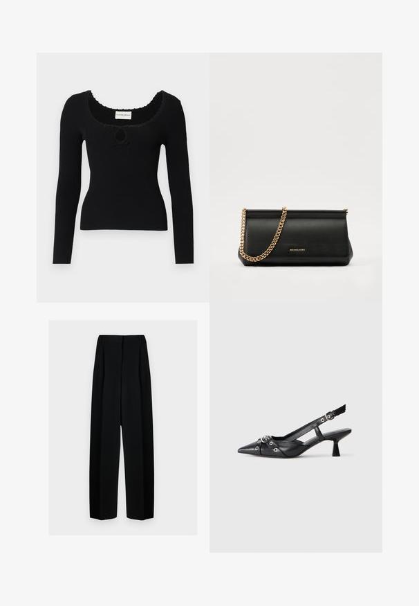 Mustassa pitkähihaisessa ribbineule paidassa on avonainen kaula-aukko ja keskeinen avainaukko-yksityiskohta. Kankaan tekstuuri on hienostunut ja kaula-aukon reunassa on aaltojainen viimeistely.; Mustat leveät housut korkealla vyötäröllä, joissa on laskokset ja sileä pinta. Kangas näyttää kevyeltä ja laskeutuu kauniisti.; Mustat nahkakengät, joissa on avonainen takaosa ja kärjessä terävä muoto, koristevyöt, joissa on metalliset reiät, sekä matala lohkoepohja. Teksturoitu pinta.; Musta nahkainen clutch-laukku, jossa on kultaketju, sileä pinta, suorakulmainen muoto ja kohokuvioitu brändimerkintä edessä.