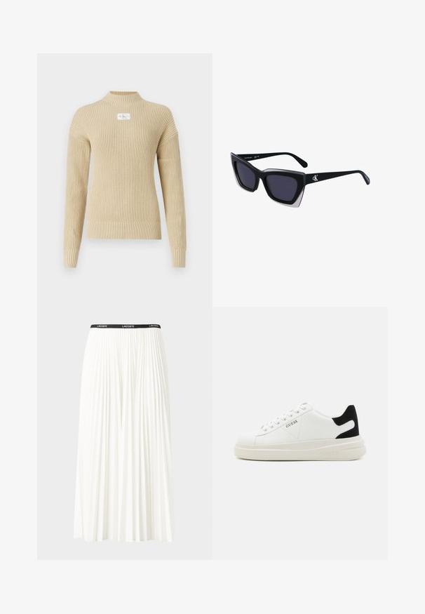 Bežani rebrasti pleteni pulover s visokim ovratnikom i dugim rukavima. Sadrži mali logotip na prednjem dijelu. Glatka tekstura.; Nabrana bijela suknja s crnim elastičnim pojasom na kojem se nalazi logo "LACOSTE". Srednje dugačak dizajn s mekim teksturom.; Bijele kožne tenisice s debelim bijelim potplatom, crnim zamšastim akcentom na peti i ugraviranim logom sa strane. Dizajn s vezicama i šest rupa za vezivanje.; Crne oversize sunčane naočale geometrijskog oblika, s tamnim staklima i kontrastnom sivom dekoracijom na okviru. Logo na dršci.