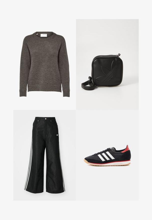 Gray knit sweater with a crew neck, long sleeves, and a soft texture. No prominent patterns or hardware details visible.; Black wide-leg denim pants with three white stripe accents on each side and a small white logo. Features front pockets and a button closure.; Black athletic shoe with white stripes, suede accents, and a red heel. Mesh texture and rubber sole with a light brown tread.; Black square crossbody bag made of textured synthetic material. Features an embossed logo design and adjustable strap. Zipper closure.