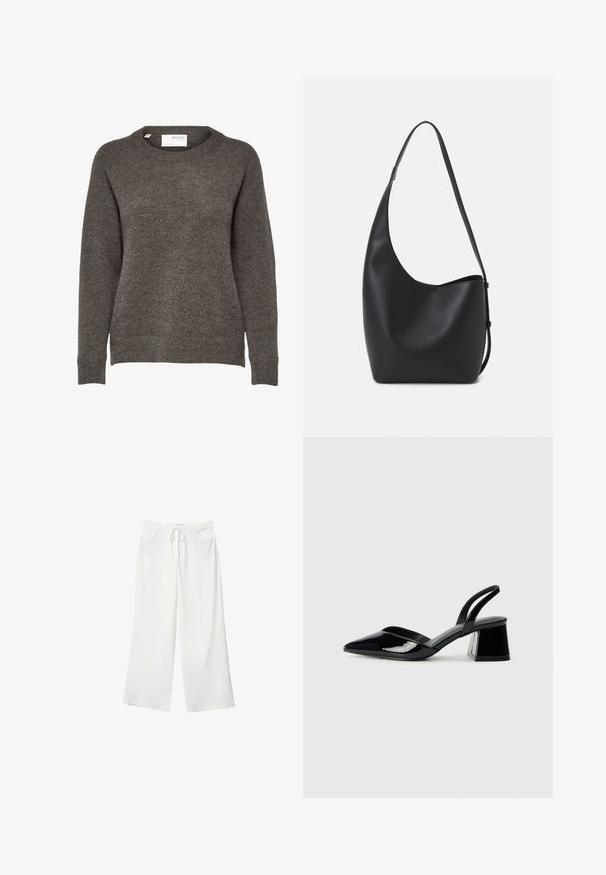 Sivá pletená džemper s okrúhlym výstrihom, dlhými rukávmi a jemnou textúrou. Žiadne výrazné vzory ani kovové detaily nie sú viditeľné.; Bela široka hlače iz mehkega materiala, z vrvico v pasu in dvema sprednjima žepoma. Gladek texture in brez vidnih vzorcev.; Črne lakirane slingback pete s koničastim nosom in geometrijsko blokasto peto. Imajo eleganten, minimalističen dizajn in gladko teksturo.; Črna usnjena hobo torba z gladko teksturo, ukrivljeno obliko in eno nastavljivo naramnico; ima širok odprtina na vrhu.
