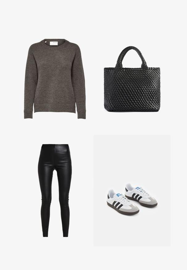 Szürke kötött pulóver kerek nyakkal, hosszú ujjakkal és puhafa tapintással. Nincsenek kiemelkedő minták vagy fémrészletek láthatók.; Fekete műbőr leggings, magas derekú, testhezálló fazonban, sima felülettel, látható varrások vagy díszítések nélkül.; Fehér bőr felsőrészes sportcipő, szürke velúrból készült orral és három fekete csíkkal. Jellemzője a kék logó a nyelvén és egy texturált gumitalp.; Fekete szőtt nagy táska két fogantyúval, amelynek texturált felülete és téglalap alakja van. Egyszerű, egyedi dizájn, látható hardver nélkül.