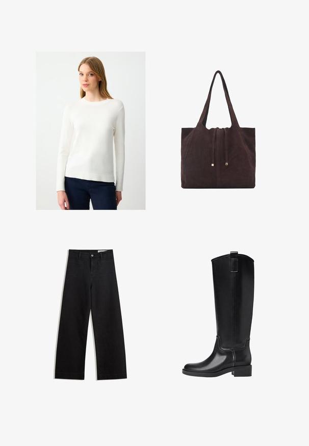 Weißer Pullover mit langen Ärmeln, rundem Halsausschnitt und gerippten Bündchen, der eine glatte Textur und eine figurbetonte Silhouette aufweist.; Schwarze weit geschnittene Jeans mit hoher Taille, ausgestattet mit Vorder- und Hintertaschen, gesteppten Nähten und einem Knopfverschluss. Glatte Textur.; Schwarze kniehohe Stiefel aus glattem synthetischen Material. Verfügt über eine abgerundete Zehenpartie, einen niedrigen Blockabsatz und vertikale Nähte.; Mango Shopping Bag - dark brown