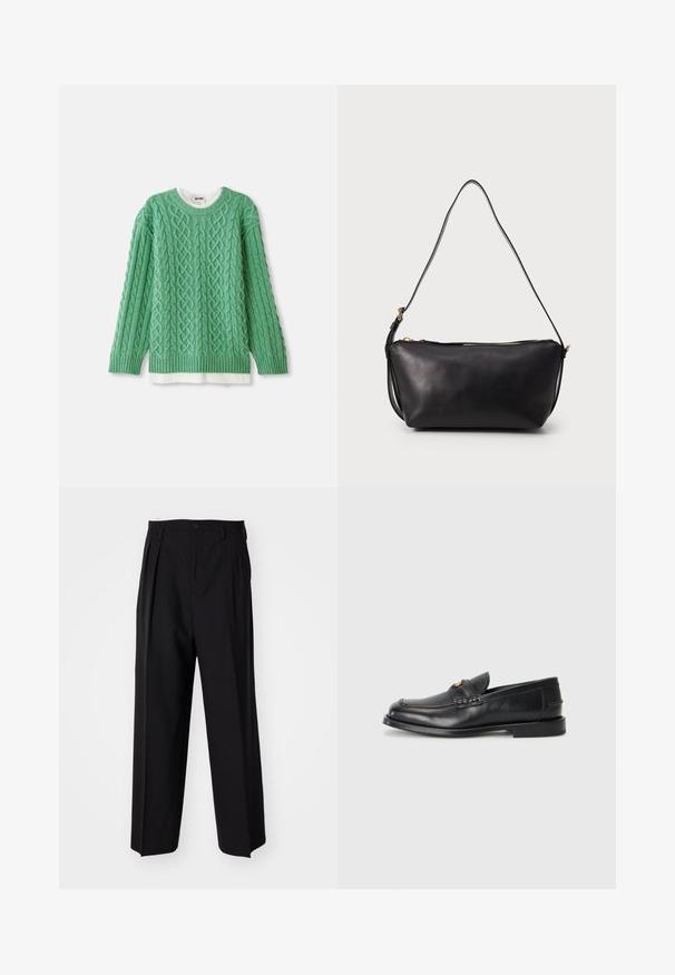 Vihreä neulepaita, jossa on pattikuvio, pyöreä pääntie ja ribbauskut lisätään. Paita on kerroksittain valkoisen paidan päällä.; Mustat laskostetut housut, joissa on suora, leveä lahje. Valmistettu sileästä kankaasta, jossa on nappisuljenta ja vyölenkit.; Mustat nahkaiset loaferit, joissa on pyöreä varvas, tikatut yksityiskohdat ja pieni kultainen yksityiskohta edessä. Pohja on litteä ja huomaamaton.; Musta nahkainen olkalaukku, jossa on yksi pitkä säädettävä hihna ja kultainen vetoketjusulku päällä, esiteltynä yksinkertaista taustaa vasten.