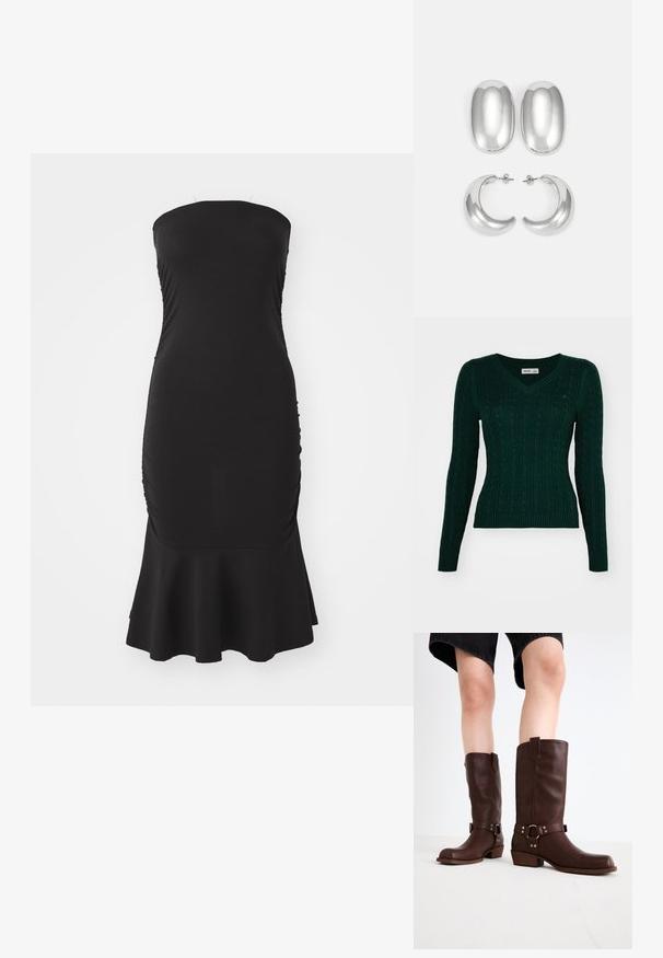 Hollister Co. ICON CABLE V NECK - Džemperis - trekking green; Melnas bezsēļu kleitas, izgatavotas no elastīga auduma, ar rušēšanu sānos un paplašinātu apakšdaļu. Gluda tekstūra ar pieguļošu siluetu.; Brūni ādas līdz ceļiem zābaki ar noapaļotu purngalu, teksturētu virsmu, potītes siksnu un sudraba detaļām; zābaku papēdis ar slāņiem.; Sudraba krāsas auskari: divi ovāli studu auskari un divi pusmēness formas gredzeni, ar gludu, spīdīgu apdari un noapaļotu dizainu.