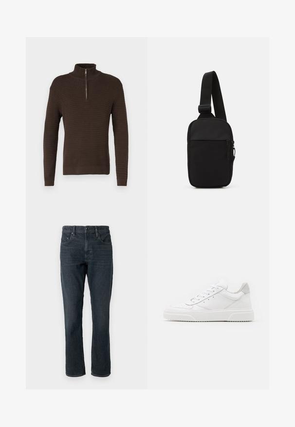 Ruskea villapaita, jossa on korkea kaulus ja puolivetoketju. Ominaisuuksiin kuuluu teksturoitu, ribattu neulekuvio ja pitkät hihat.; Tummansinisiä farkkuja, joissa on suora leikkaus, viisi taskua ja nappikiinnitys. Ominaisuuksiin kuuluu hienoinen kuluminen ja kontrastiväriset tikkaukset.; Valkoiset nahkakengät, joissa on sileä pinta, pyöreä kärki, litteät nauhat ja teksturoitu pohja. Harmaa mokkanahka korostaa kantapäätä.; Musta olkalaukku, joka on valmistettu kestävästä kankaasta. Laukussa on yksi säädettävä olkahihna, vetoketjulla suljettava pääosasto ja etutasku.