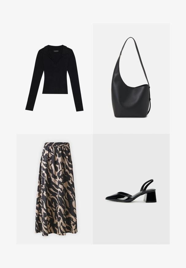 Musta ribattuja pitkähihainen paita, jossa on kauluskäänne, valmistettu joustavasta kankaasta, ja se on muotoon ommeltu, ja siinä on hienovarainen tekstuuri.; Mustapohjainen ja beige pitkä hame, jossa on joustava vyötärö. Hameessa on abstrakti eläinkuosimainen kuvio ja se laskeutuu kauniisti.; Mustat patentoitu nahkakengät, joissa on säären takaosa ja terävä kärki, sekä geometrinen palikkakorko. Sisältää tyylikkään, minimalistisen muotoilun ja sileän pinnan.; Musta nahkainen hobo-laukku, jossa on sileä pinta, kaareva muoto ja yksi säädettävä olkahihna; sisäänkäynti on leveä ylhäältä.