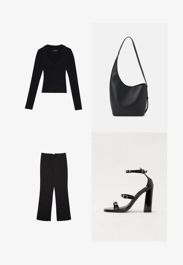 Černý žebrovaný top s dlouhým rukávem a límečkem, vyrobený z elastického materiálu, s přiléhavým střihem a jemnou texturou.; Černé kalhoty s rovným střihem, s předními kapsami a bočními rozparky na lemu. Vyrobené z jemné, hladké tkaniny. Vhodné na různé příležitosti.; Černé lakované sandály na podpatku se čtveratou špičkou, lýtkovými pásky a stříbrnými přezkami. Disponují masivním blokovým podpatkem pro stabilitu.; Černá kožená hobo taška s hladkým povrchem, zakřiveným tvarem a jedním nastavitelným popruhem; má široké otevírání nahoře.