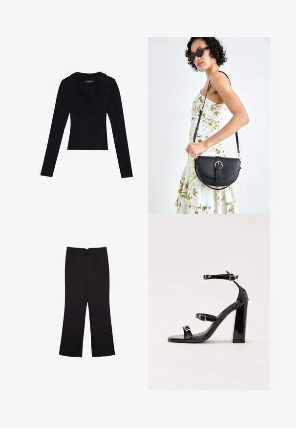 Top lungo a maniche nere a coste con colletto, realizzato in tessuto elasticizzato, caratterizzato da una silhouette aderente e una leggera texture.; Pantaloni neri a gamba dritta, con tasche frontali e spacchi laterali all'orlo. Realizzati in tessuto morbido e liscio. Adatti a diverse occasioni.; Sandali con tacco in vernice nera, con punta squadrata, cinturini alla caviglia e fibbie in argento. Presentano un tacco a blocco spesso per maggiore stabilità.; Borsa a tracolla nera in pelle con una forma curva, manico rimovibile e accessori dorati. La borsa presenta una patta con un dettaglio a fibbia.