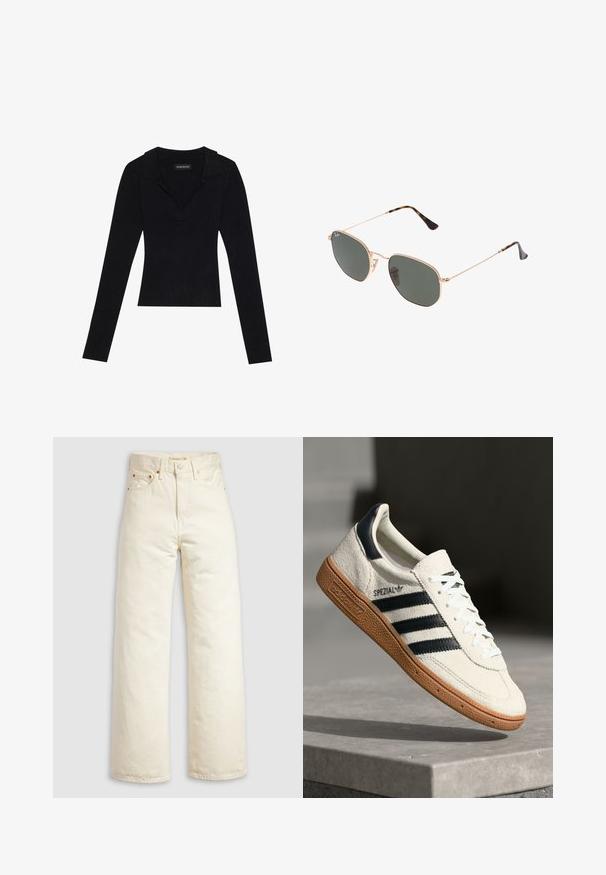 Svart räfflad långärmad topp med krage, tillverkad av stretchigt material, med en figurnära siluett och diskret textur.; Jeans med vida ben i off-white denim, med hög midja, kopparnitar och klassisk femficksdesign. Texturerat tyg med rena kanter.; Vita mockasnörning med marinblå ränder, gummisula, strukturerad ovandel, rund tå och snörning; har varumärke på sidan och tungan.; Guldmetallramda solglasögon med mörkgröna linser, pilotstil, med smala armfästen och sköldpaddsmönstra detaljer på spetsarna.; Svart quiltad konstläderväska med kedjestropp, prydd med ett hexagonalmönster och en dekorativ vingdetalj på framsidan.