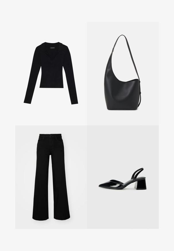 Musta ribattuja pitkähihainen paita, jossa on kauluskäänne, valmistettu joustavasta kankaasta, ja se on muotoon ommeltu, ja siinä on hienovarainen tekstuuri.; Musta leveälahkeinen farkkupanta, jossa on rakenteellinen vyötärö, vyölenkit ja etutaskut. Sujuva rakenne klassisella muotoilulla.; Mustat patentoitu nahkakengät, joissa on säären takaosa ja terävä kärki, sekä geometrinen palikkakorko. Sisältää tyylikkään, minimalistisen muotoilun ja sileän pinnan.; Musta nahkainen hobo-laukku, jossa on sileä pinta, kaareva muoto ja yksi säädettävä olkahihna; sisäänkäynti on leveä ylhäältä.