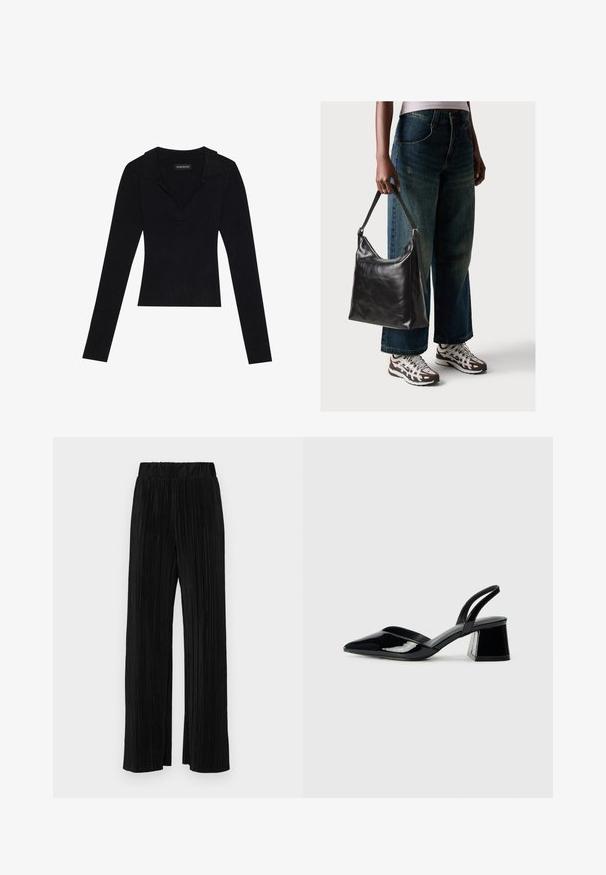 Black ribbed long-sleeve top with a collared neckline, made of stretchy fabric, featuring a fitted silhouette and subtle texture.; Black pleated trousers with an elastic waistband. Features wide legs and a smooth, textured fabric with vertical stripes.; Black patent leather slingback heels with a pointed toe and a geometric block heel. Features a sleek, minimal design and smooth texture.; Black leather shoulder bag with a smooth texture and adjustable strap, paired with faded wide-leg jeans and athletic sneakers.
