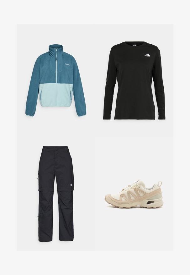 Blå og lyseblå fleece genser med halv glidelås, stående krage, glidelås-lommer på sidene, og Columbia-logo på brystet.; Svart langermet T-skjorte laget av bomull med rund hals. Har en liten hvit logo på venstre brystområde. Enkelt design og passform.; Svarte nylon cargo-bukser med glidelås og justerbare mansjetter, flere lommer og en logo på høyre bein. Glatt, lett tekstur.; Beige og krem joggesko med teksturert mesh-overdel, støttende overlegg og gummisåle med et mønster for godt grep.