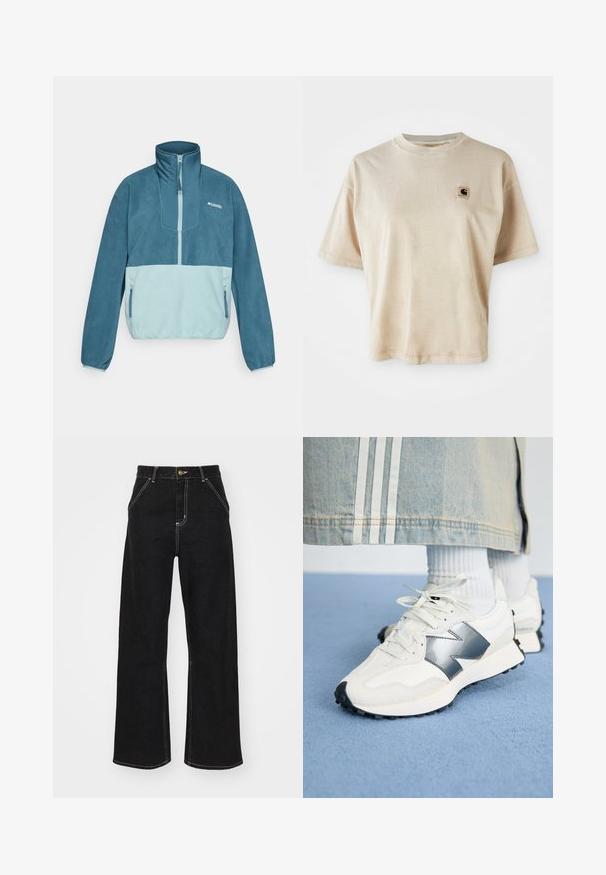 Pulover iz modrega in svetlo modrega flisa s polnim zadrgo, stoječim ovratnikom, z zadrgo zaprtimi stranskimi žepi in logotipom Columbia na prsih.; Bež majica iz bombaža s opuštenim krojem, okruglim izrezom, kratkim rukavima i malim kvadratnim logom na lijevoj strani prsnog područja.; Črne široke kavbojke iz denima, ki imajo kontrastne bele šive in sprednje gumbno zapiranje, ter dve nagnjeni sprednji žepi.; Bele športne superge z srebrnim akcentom, teksturirano blago in gladko usnje; z črnim gumijastim podplatom in vezalkami.