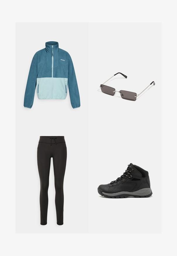 Blauwe en lichtblauwe fleece pullover met halve rits, staande kraag, ritssluitingen aan de zijkanten en Columbia-logo op de borst.; Zwarte leggings met een hoge tailleband, een trekkoord, een gladde textuur en een aansluitend ontwerp. Kenmerkt zich door stikseldetails langs de zijkanten.; Zwarte wandelschoen met een mid-top ontwerp, voorzien van een gestructureerde bovenkant, grijze accenten en een duurzame rubberen zool met gripnoppen.; Zonnebril met rechthoekige, donkergrijze lenzen, zilveren metalen frames en zwarte kunststof uiteinden op de armen. Lichtgewicht ontwerp met neuspads.; Zwarte Patagonia heuptas met een hoofdcompartiment met rits, gaasaccenten aan de zijkanten en een verstelbare schouderband. Voorzien van een merklogo aan de voorkant.