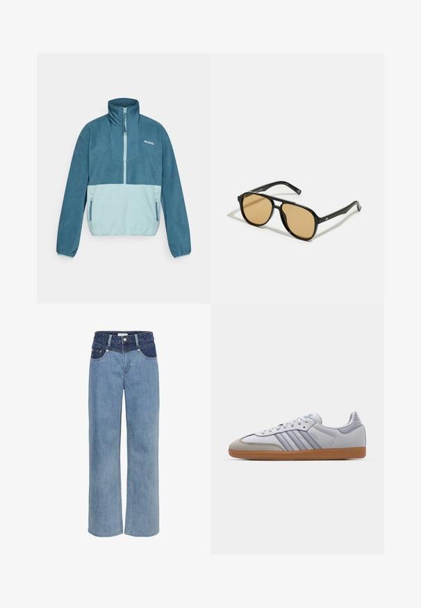 Kék és világoskék bolyhos pulóver, fél cipzárral, állógallérral, cipzáras oldalzsebekkel és Columbia logóval a mellkason.; Világoskék farmer széles szárú farmernadrág magas derékkal, öt zsebbel és csökkentett sötétkék folttal az elején.; Fehér bőr sportcipők világoskék részletekkel, szürke velúr orral és barna gumitalppal. Három kék csíkkal és "Samba" felirattal rendelkezik.; Fekete napszemüveg barna árnyalatú lencsékkel; téglalap alakú, vastag kerettel, a szárakon diszkrét fém részletekkel.