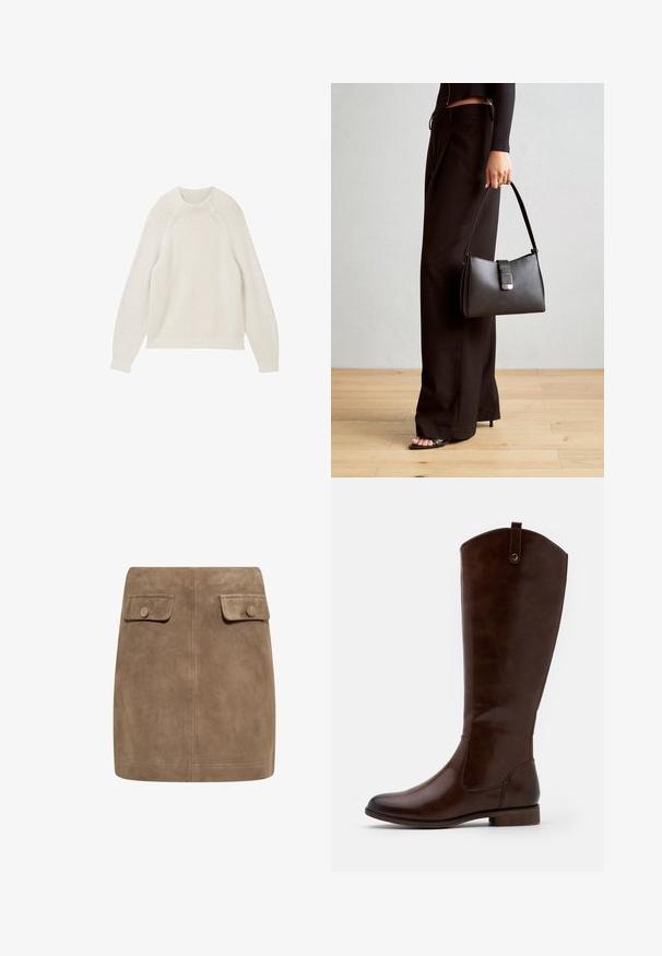 Helle beigen Rippenpullover mit langen Ärmeln, Rundhalsausschnitt und dezentem Strukturmuster. Weicher Stoff mit lässiger Passform und ohne sichtbare Hardware.; Brauner Langarm-Top mit weitem Ausschnitt und Knoten-Detail auf einer Seite, aus weichem, strukturiertem Stoff.; Brauner Wildleder-Minirock mit glatter Textur, ausgestattet mit zwei vorderen Klappentaschen und Druckknopfverschlüssen an beiden Seiten. Schlichtes, gerades Design.; Braune kniehohe Stiefel aus glattem Leder, mit runder Zehenform, niedrigem Blockabsatz und einem dezente Stichmuster an den Seiten.; Schwarze Handtasche mit strukturierter Form, glatter Textur und einem metallischen Verschluss. Kombiniert mit weiten schwarzen Hosen und offenen Sandalen auf einem Holzboden.