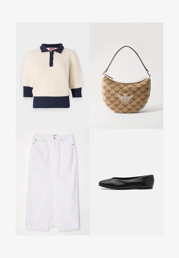 Cremfarbener Strickpullover mit marineblauen Akzenten, versehen mit einem Polokragen, drei Knöpfen und gerippten Bündchen und Saum. Strukturiert, mit kurzen Ärmeln.; Weiße Jeansrock mit einem Schlitz vorne, fünf Taschen-Design, Metallknopf und Reißverschlussverschluss sowie gestickten Saumdetails.; Paul Smith TOPANGA - Klassischer Ballerina - black; Beige Schultertasche mit einem braunen Logo-Muster, weißen Akzenten und einer geschwungenen Form. Verfügt über einen braunen Riemen und einen Reißverschluss.