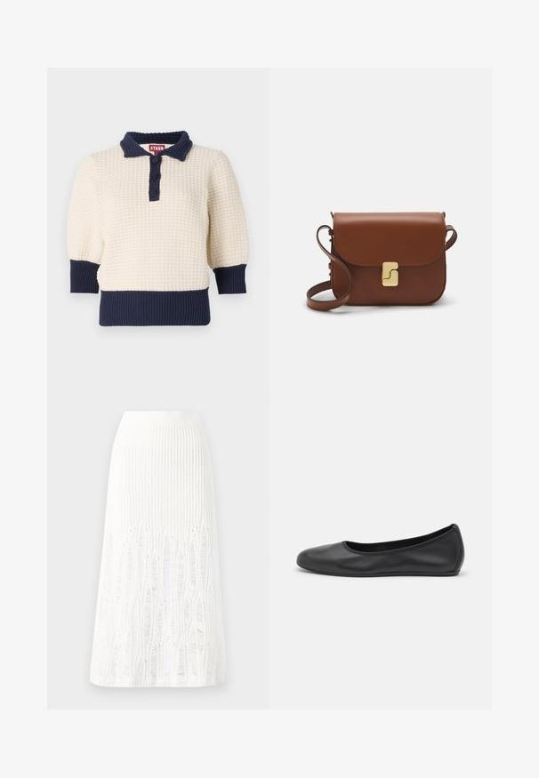 Κρεμ πλέκτο πουλόβερ με ναυτικές λεπτομέρειες, διαθέτοντας πόλο γιακά, τρία κουμπιά και ριμπ μανσέτες και στρίφωμα. Υφασμάτινα, κοντά μανίκια.; Πλεκτή λευκή μίντι φούστα με υφή που διαθέτει κάθετες γραμμές και κοψίματα κοντά στο στρίφωμα. Ελαστική μέση. Μαλακό υλικό.; Μαύρο δερμάτινο μπαλαρίνι με στρογγυλή μύτη, λεία υφή, ελάχιστες λεπτομέρειες ραφής και σχεδίαση ευέλικτης σόλας.; Καφέ δερμάτινη τσάντα χειρός με κλείσιμο καπάκι, χρυσές λεπτομέρειες, ιμάντα ώμου και λεία υφή. Συμπαγές ορθογώνιο σχήμα.