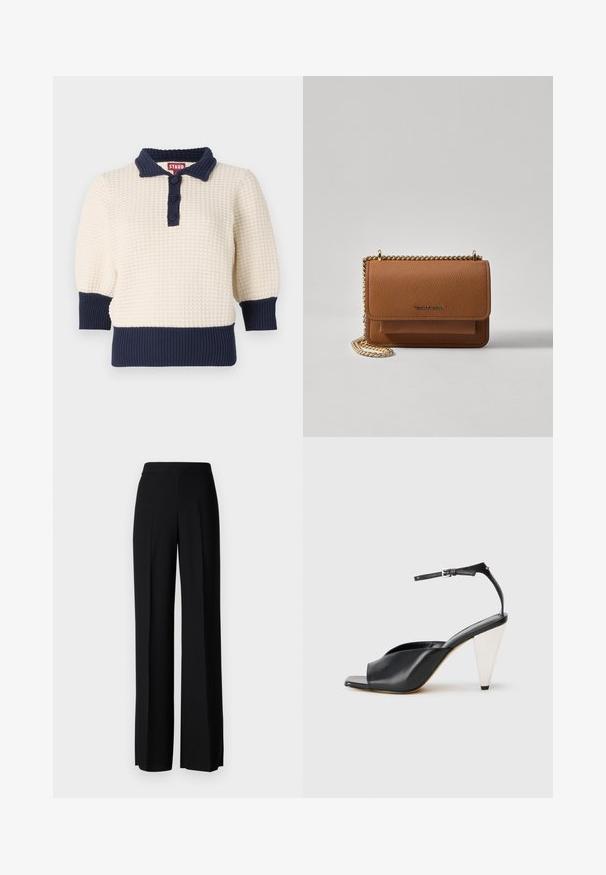 Cremfarbener Strickpullover mit marineblauen Akzenten, versehen mit einem Polokragen, drei Knöpfen und gerippten Bündchen und Saum. Strukturiert, mit kurzen Ärmeln.; Schwarze weite Hosen mit einer glatten Textur, ausgestattet mit einem hohen Bund und mittleren Falten. Keine sichtbaren Muster oder Hardware-Details.; Schwarze Leder-Hochzehen-Sandale mit offener Zehe, asymmetrischem Design, Knöchelriemen und metallic kegelförmigem Absatz. Glatte Textur über das gesamte Produkt.; Braune strukturierte Ledertasche mit goldener Kettenriemen und Klappenverschluss. Die Vorderseite zeigt ein Logo-Detail und eine Tasche unter der Klappe.