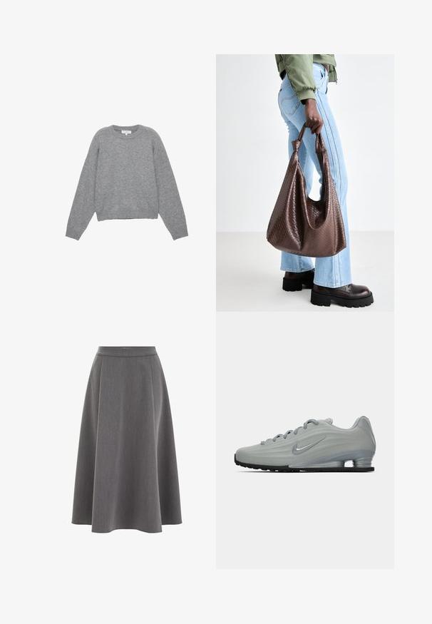Grauer Strickpullover mit langen Ärmeln, Rippbündchen und Saum. Rundhals mit lockerer Passform und weichem Material. Keine sichtbaren Muster oder Akzente.; Weißes, übergroßes T-Shirt aus weichem Baumwollstoff. Mit kurzen Ärmeln, runder Ausschnitt und einem lässigen Schnitt ohne sichtbare Muster oder Akzente.; Grauer A-Linien-Rock mit glatter Textur, gefälteltem Design und taillierter Passform. Der Stoff wirkt leicht und fällt sanft.; Seitenansicht eines hellgrauen Nike-Sneakers mit Schnürsenkeln, einem Swoosh-Logo und einer transparenten Dämpfungsohle auf einem schlichten Hintergrund.; Braune gewebte Leder-Handtasche mit geknoteten Griffen, die von einer Person in hellblauen Jeans und schwarzen klobigen Schuhen getragen wird. Glatte, strukturierte Oberfläche.