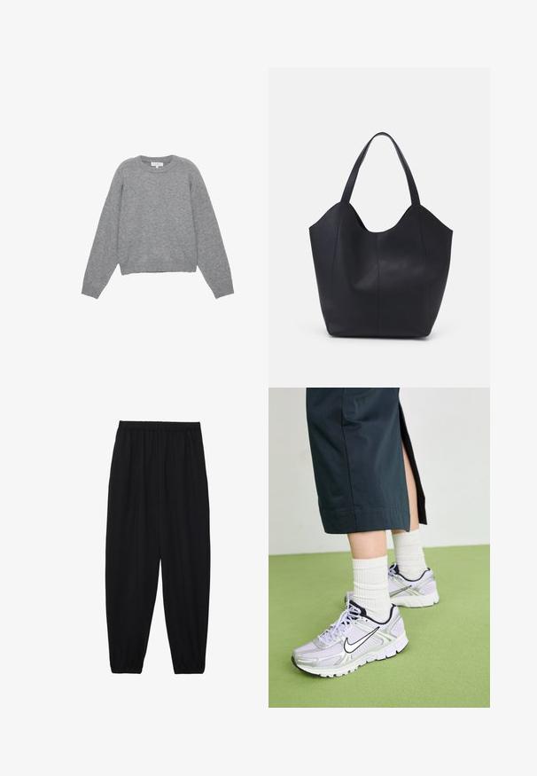 Grauer Strickpullover mit langen Ärmeln, Rippbündchen und Saum. Rundhals mit lockerer Passform und weichem Material. Keine sichtbaren Muster oder Akzente.; Schwarze, leichte Hosen mit einem elastischen Bund und gerafften Knöcheln. Der Stoff ist glatt und hat ein entspanntes, schmal zulaufendes Design.; Nike Laufschuhe in Helllila mit silbernen Akzenten, schwarzem Logo und weißer Sohle. Kombiniert mit strukturierten weißen Crew-Socken und dunklen Hosen.; Schwarze Tote-Bag aus glattem Leder, mit einem abgerundeten, offenen Oberteil, zwei Schulterträgern und einem minimalistischen Design.